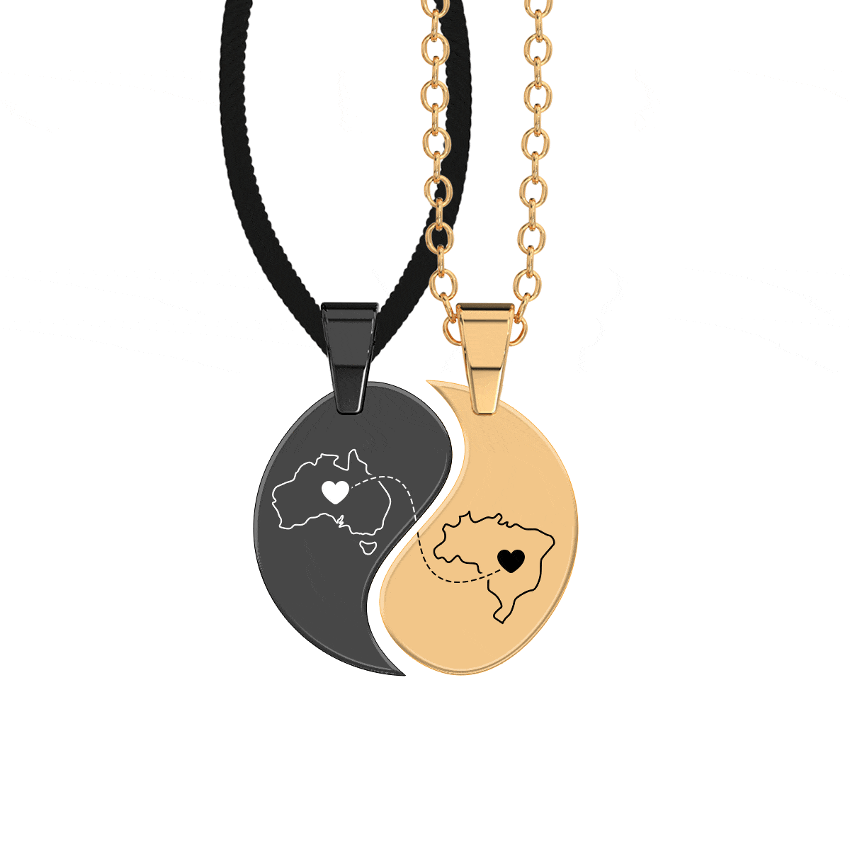 Heart Between Countries Yin/Yang Engraved Necklace (2 Necklaces)