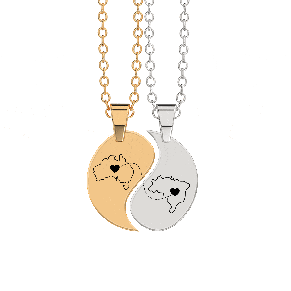 Heart Between Countries Yin/Yang Engraved Necklace (2 Necklaces)