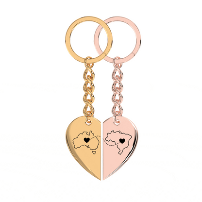 Heart Between Countries Engraved Keychain (2 Keychains)