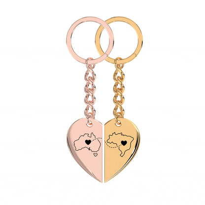 Heart Between Countries Engraved Keychain (2 Keychains)
