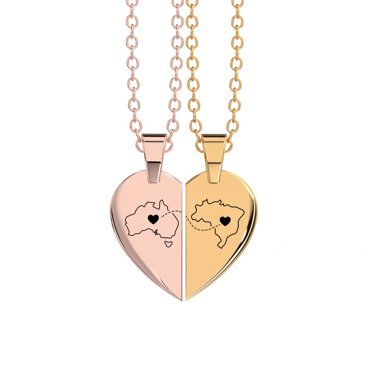 Heart Between Countries Engraved Necklace (2 Necklaces)