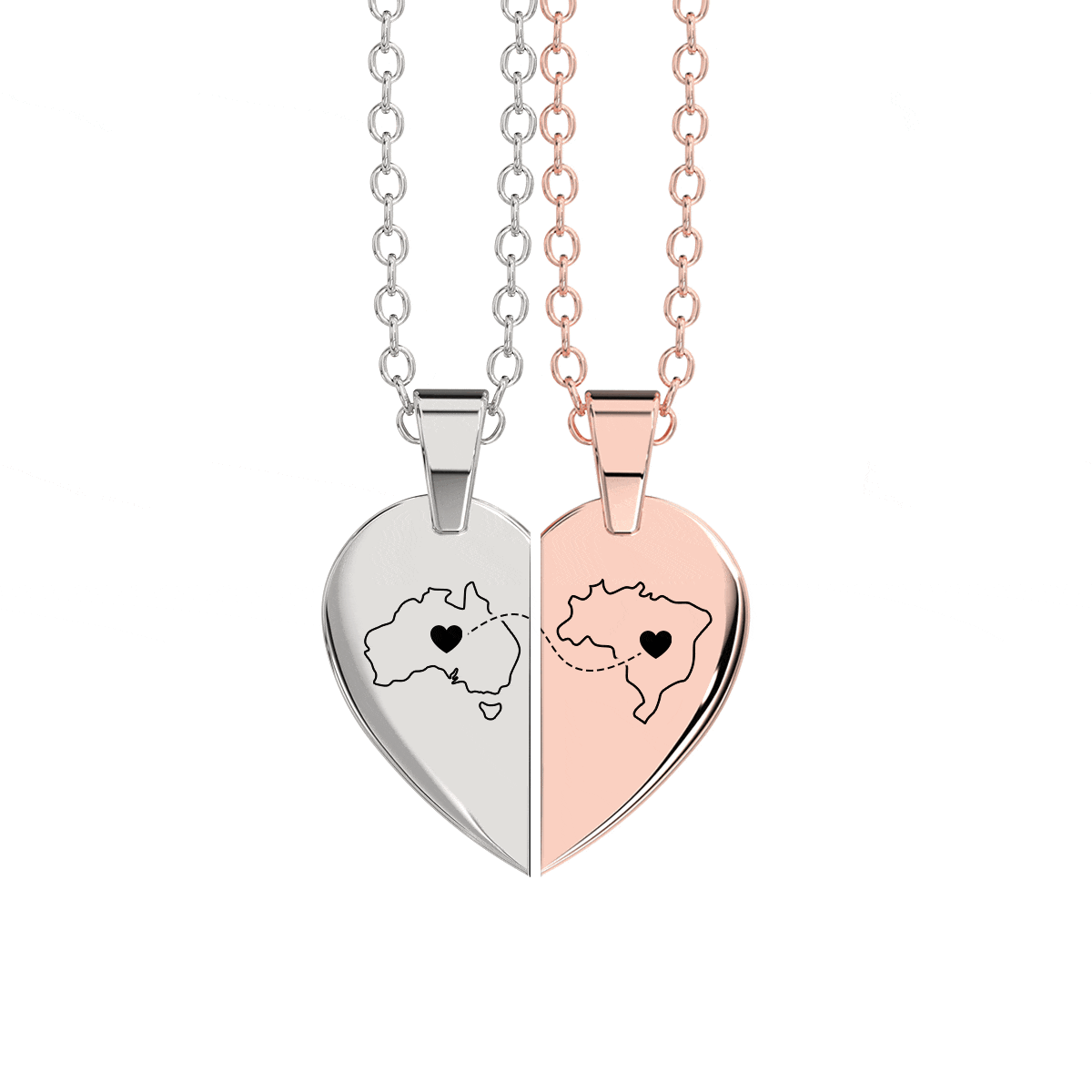 Heart Between Countries Engraved Necklace (2 Necklaces)