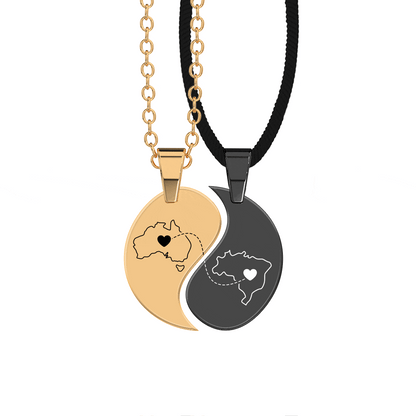 Heart Between Countries Yin/Yang Engraved Necklace (2 Necklaces)