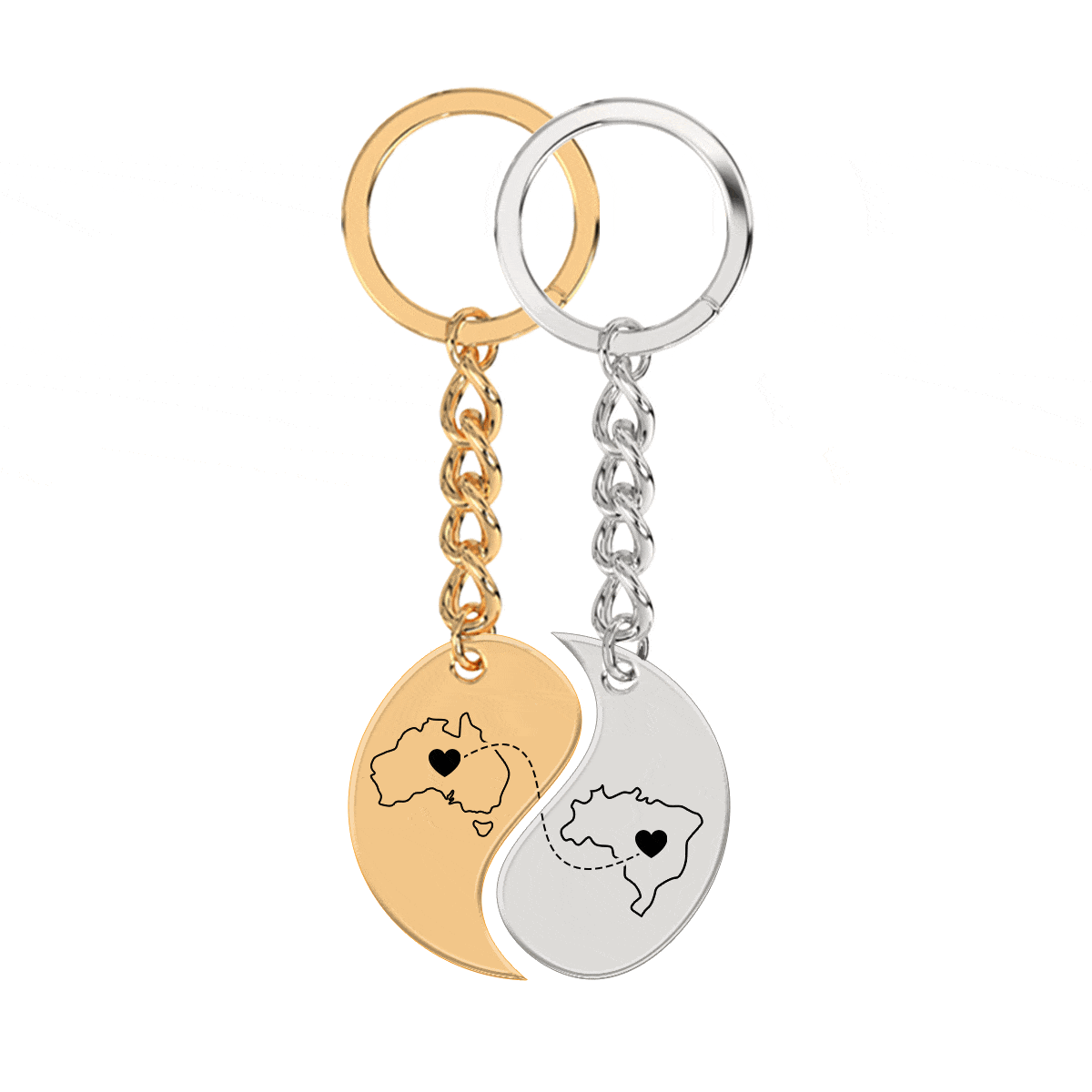 Heart Between Countries Yin/Yang Engraved Keychain (2 Keychains)