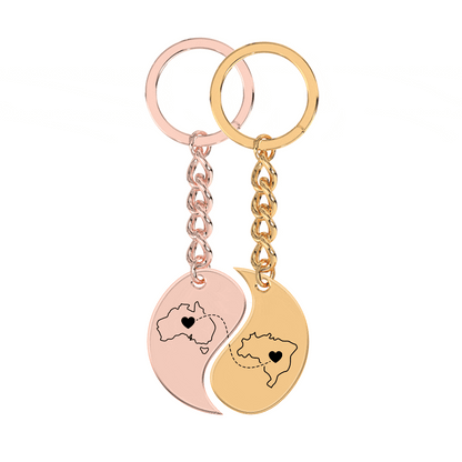Heart Between Countries Yin/Yang Engraved Keychain (2 Keychains)