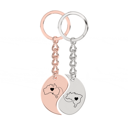 Heart Between Countries Yin/Yang Engraved Keychain (2 Keychains)